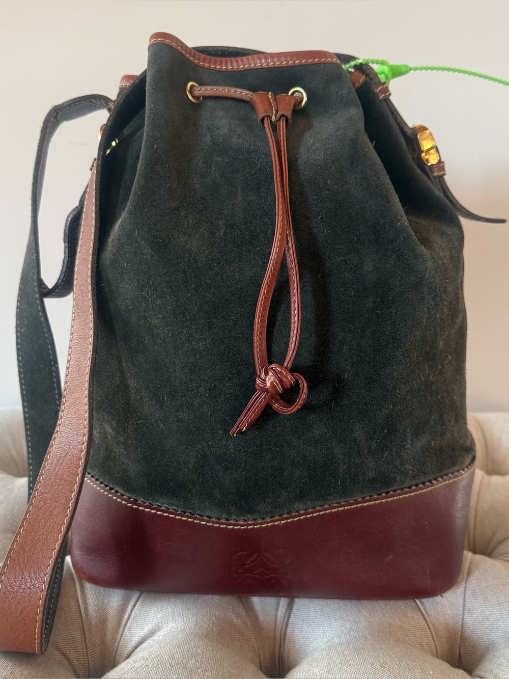 LOEWE Vintage 1985 Caza Cordoban Suede Balloon Bucket Bag Forest Green